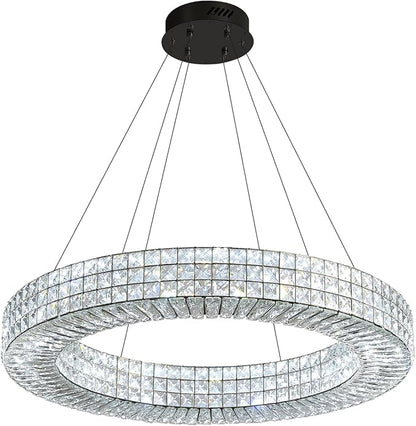 Dia 32" Ring Crystal Chandelier Modern Black Ring Chandelier Adjustable Height Luxury Crystal Pendant Ceiling Light Fixture for Dining Living Room Bedroom