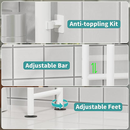 3-Tier Over The Toilet Storage with Paper Holder, Metal Bathroom Organizers and Storage for Small Space, Freestanding Bathroom Shelves with 4 Hooks, Above The Toilet Storage Shelf, White
