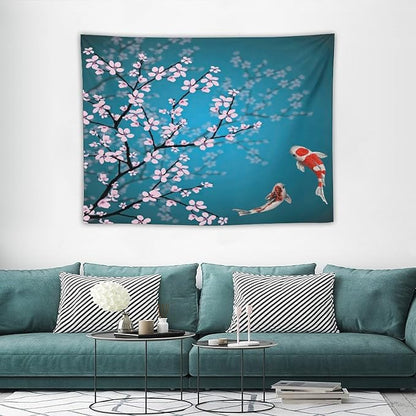 Japanese Koi Fish Tapestry, Cherry Blossoms Asian Oriental Green Teal Flower Branch Koi Fish Carp Tapestries Wall Hanging for Bedroom Living Room Office Decor 40"x30"