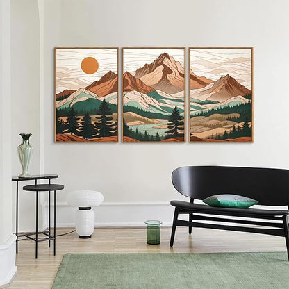 Tinonedraw Mountain Framed Canvas Wall Art Set of 3, Sunrise Forest Woodland Landscape Art Prints, Boho Coloful Ridge Scenery Wall Decor, Wood Pine Wilderness Art Paintings for Living Room Bedroom, Office 16"x24"