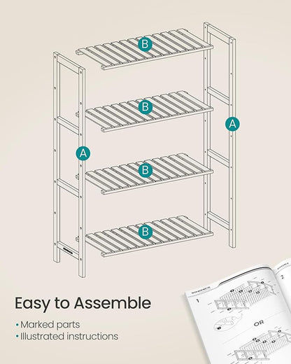 SONGMICS Bamboo Storage Shelf, 4-Tier Shelving Unit, Multifunctional, in The Entryway, Bathroom, Living Room, Balcony, Kitchen, 10.2 x 23.6 x 39.4 Inches, Light Bamboo UBCB034Y01