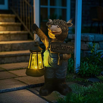 Solar Garden Statues -Highland Cow Lantern Outdoor Handmade Resin Statue with LED Light, and Welcome Holder for Patio, Yard, Gift Ideas (cow2)