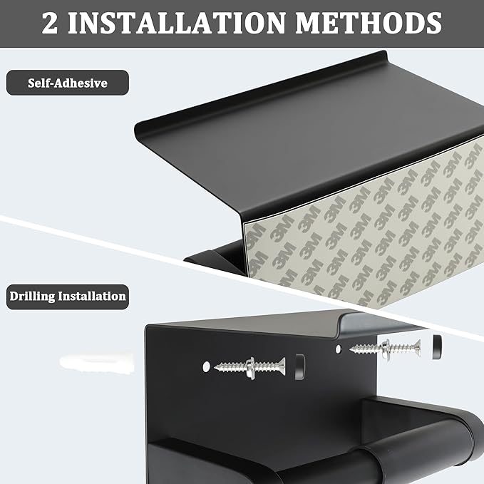 Alise Black Toilet Paper Holder,Bathroom Adhesive Toilet Paper Holder SUS304 Stainless Steel Toilet Paper Roll Holder with Shelf Spring Loaded Tissue Holder Wall Mount(Adhesive or Screw)