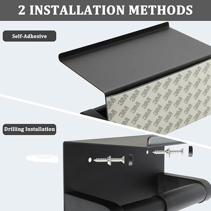 Alise Black Toilet Paper Holder,Bathroom Adhesive Toilet Paper Holder SUS304 Stainless Steel Toilet Paper Roll Holder with Shelf Spring Loaded Tissue Holder Wall Mount(Adhesive or Screw)