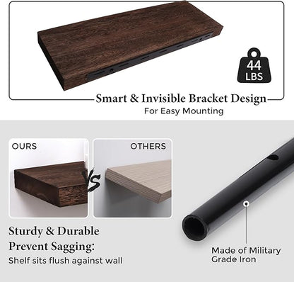 Axeman Floating Shelves, 2 Pack 8 Inch Deep Rustic Solid Wood Wall Shelves for Storage, Wall Mounted Display Shelving with Invisible Heavy-Duty Metal Bracket, 24" W x 8" D x 1.6" H, Rustic Brown