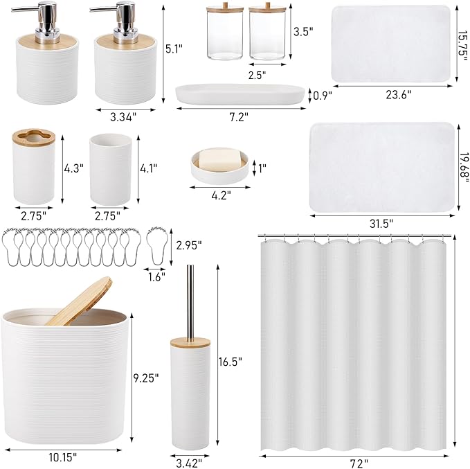 Bathroom Set - White Bathroom Accessories Set, Bathroom Sets with Shower Curtain and Rugs, 25PC Shower Curtain Set with Hooks, Soap Dispenser, Soap Dish, Toilet Brush Holder and Trash Can