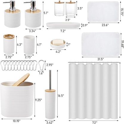 Bathroom Set - White Bathroom Accessories Set, Bathroom Sets with Shower Curtain and Rugs, 25PC Shower Curtain Set with Hooks, Soap Dispenser, Soap Dish, Toilet Brush Holder and Trash Can