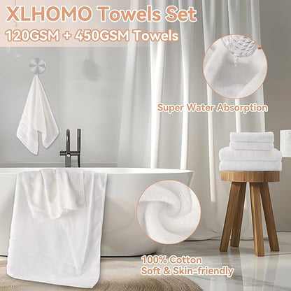 White Bathroom Set with Shower Curtain and Bath Towels, Beige Ombre Waterproof Shower Curtain with Stainless Steel Hooks, White Bathroom Accessories Set for Home Decor