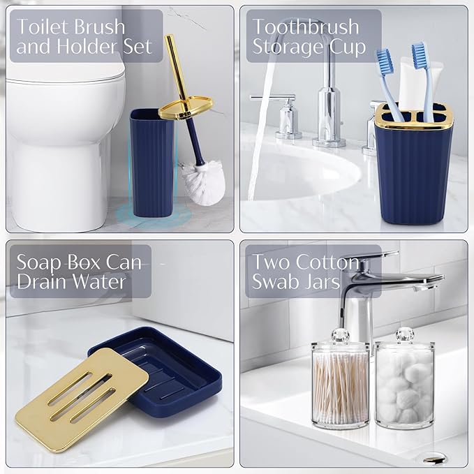 17PCS Bathroom Accessory Set Bathroom Set Navy Blue Bathroom Accessories,Toilet Brush, Trash Can, Qtip Holder Dispenser& 3PCS Soap Dispenser