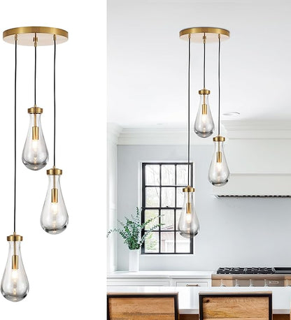 3-Light Raindrop Pendant Light Fixtures, Brass Glass Pendant Lighting, Teardrops Modern Hanging Light for Entryway Foyer Kitchen Island Dining Living Room Hallway