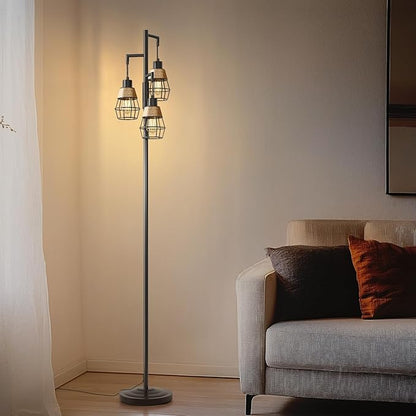 Oneach 68" Floor Lamps for Living Room, Stepless Dimmable Boho Floor Lamp with 3 Bulbs, Tall Farmhouse Industrial Corner Standing Tree Lamp for Bedroom, Office, Study Room, Dining Room, Black