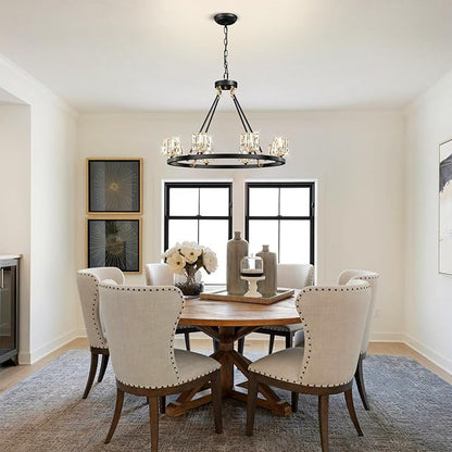 Black Wagon Wheel Chandelier, 8-Light Farmhouse Crystal Chandeleirs with Adjustable Height,Ceiling Hanging Light Fixture Pendant Lights for Living Room,Bedroom,Kitchen Island,Dining Room,Bedroom