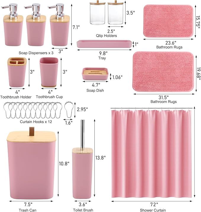 Bathroom Sets with Shower Curtain and Rugs, 27PCS Pink Bathroom Accessories Set with Trash Can, Pink Shower Curtain Set, No Slip Super Absorbent Bathroom Rugs