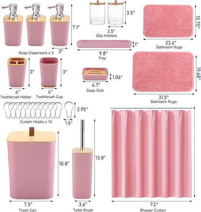 Bathroom Sets with Shower Curtain and Rugs, 27PCS Pink Bathroom Accessories Set with Trash Can, Pink Shower Curtain Set, No Slip Super Absorbent Bathroom Rugs