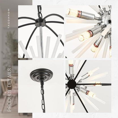 23.6" Black Chrome 12-Light Globe Sputnik Chandelier Modern Adjustable Hanging Ceiling Glass Tube Pendant Light Fixture for Entryway Foyer Staircase Dining Living Room Hallway