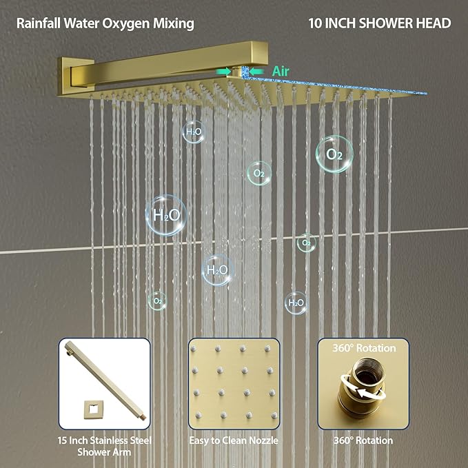 Sarlai Shower Faucet Set Bathroom Square Rainfall Shower Head and Handle Combo Wall Mounted Shower Faucet with Valve 10 Inch Shower Head Trim Systems Gold Brushed