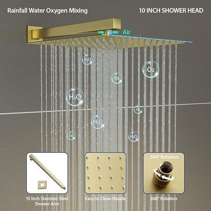 Sarlai Shower Faucet Set Bathroom Square Rainfall Shower Head and Handle Combo Wall Mounted Shower Faucet with Valve 10 Inch Shower Head Trim Systems Gold Brushed