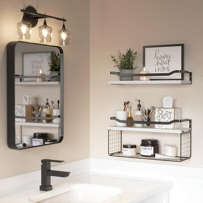 WOPITUES Floating Shelves with Wire Storage Basket, Bathroom Shelves Over Toilet with Protective Metal Guardrail, Wood Wall Shelves for Bathroom Organizers and Storage, Toilet Paper-White