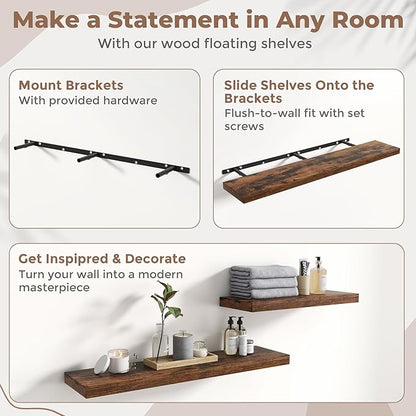 48 Inch Floating Shelves for Wall Set of 2, 8"D Wood Grain Bathroom Shelves with Invisible Brackets, Easy Install Engineered Wood Storage Shelves for Kitchen, Living Room, Bedroom, Rustic Brown Finish