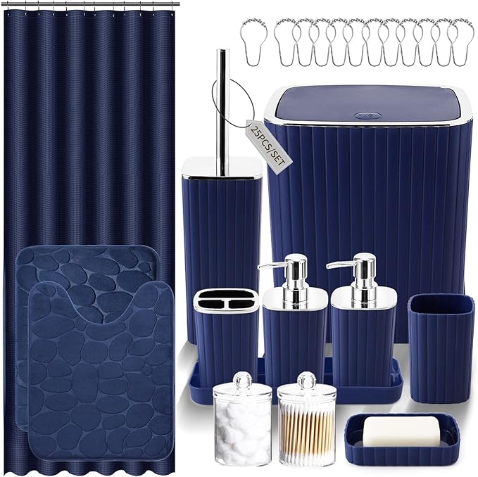 Bathroom Set with Shower Curtain and Rugs- 25PC Bathroom Accessory Set, Navy Blue Shower Curtain Set, Toilet Brush, Trash Can, Qtip Holder Dispenser & Soap Dispenser