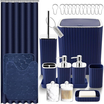 Bathroom Set with Shower Curtain and Rugs- 25PC Bathroom Accessory Set, Navy Blue Shower Curtain Set, Toilet Brush, Trash Can, Qtip Holder Dispenser & Soap Dispenser