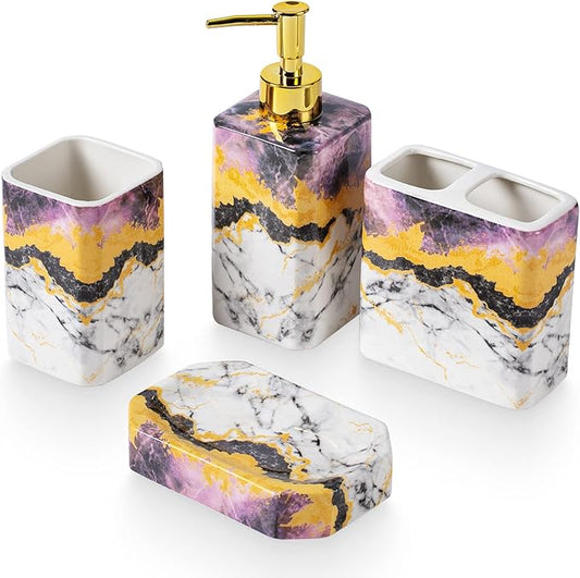 4 Piece Bathroom Accessories Set - Purple Bathroom Accessory Sets Includes Lotion Dispenser, Toothbrush Holder Tumbler, and Soap Dish - Glossy Finish (Marble, Purple)
