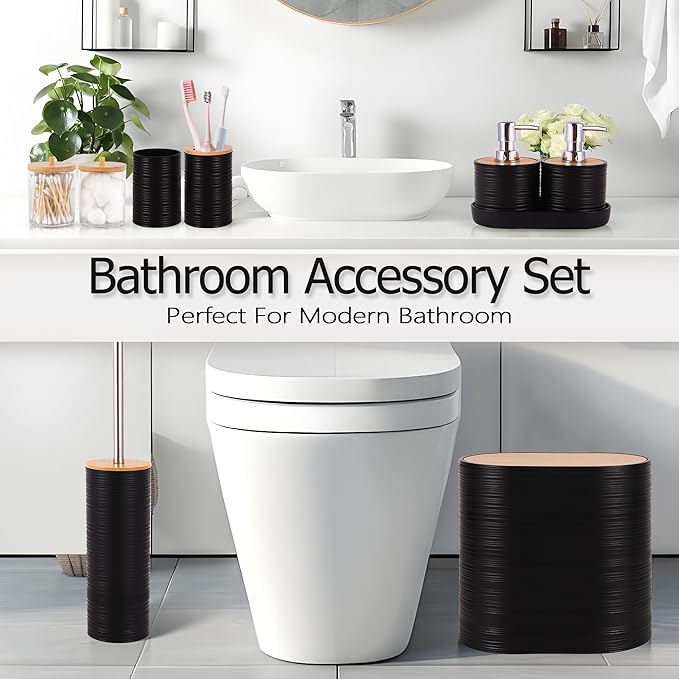 Black Bathroom Set, 25 PCS Bathroom Accessories Set with Shower Curtains, Rugs, Trash Can, Toothbrush Holder, Soap Dispensers, Toothbrush Cup, Vanity Tray, Soap Dish, Toilet Brush, Qtip Holders