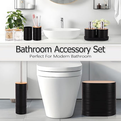 Black Bathroom Set, 25 PCS Bathroom Accessories Set with Shower Curtains, Rugs, Trash Can, Toothbrush Holder, Soap Dispensers, Toothbrush Cup, Vanity Tray, Soap Dish, Toilet Brush, Qtip Holders