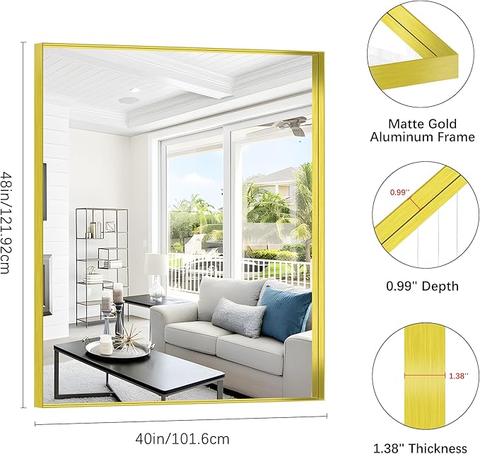 Gold Bathroom Mirror, 40x48 Inch Rectangular Framed Mirror, Large Wall Mounted Bathroom Vanity Mirror Over Sink for Bedroom,Restroom, Living Room, Hangs Vertically or Horizontally