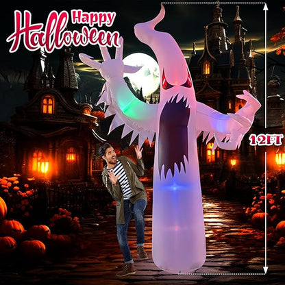 12FT Halloween Inflatables Giant White Ghost, Halloween Inflatable Outdoor Decoration, LED Colored Lights, Scary Red Eyes, Devil Claws, for Indoor and Outdoor Halloween Blow Ups Party Decorations