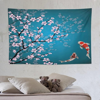 Houselerax Japanese Koi Fish Tapestry, Cherry Blossoms Asian Oriental Green Teal Flower Branch Koi Fish Carp Tapestries Wall Hanging for Bedroom Living Room Office Decor 90"x60"
