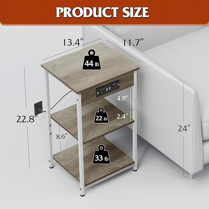 WLIVE Side Table with Charging Station and USB Ports, Small End Tables for Small Spaces, 3-Tier Nightstand with Adjustable Shelf, Bedside Tables, Living Room, Bedroom, Greige