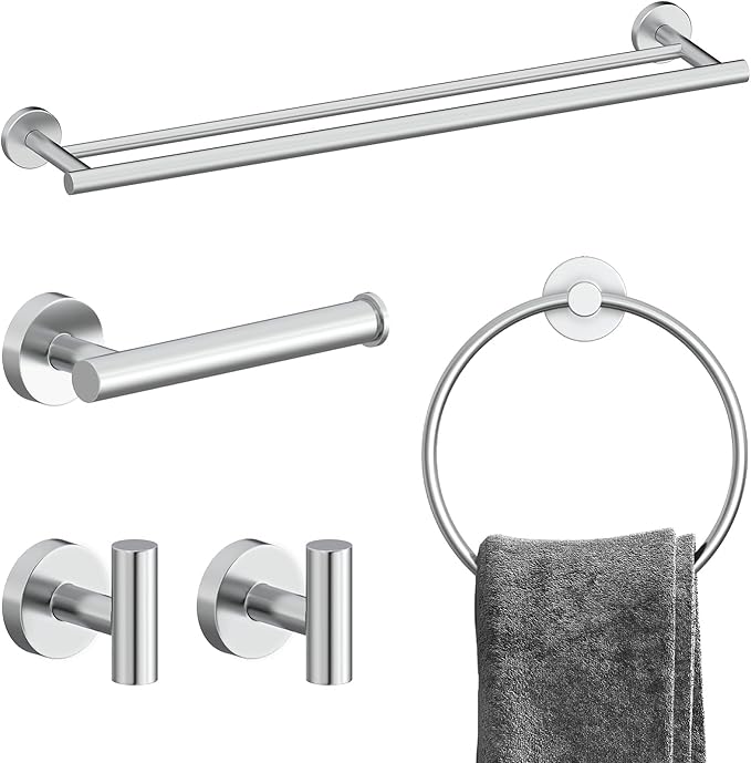 Chrome Bathroom Accessories Set, SUS304 Stainless Steel 5 Pieces Bathroom Hardware Set, 24 Inch Double Bath Towel Bar Set, 2 Towel Hooks, Toilet Paper Holder, Towel Racks for Bathroom Wall Mounted