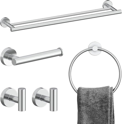 Chrome Bathroom Accessories Set, SUS304 Stainless Steel 5 Pieces Bathroom Hardware Set, 24 Inch Double Bath Towel Bar Set, 2 Towel Hooks, Toilet Paper Holder, Towel Racks for Bathroom Wall Mounted