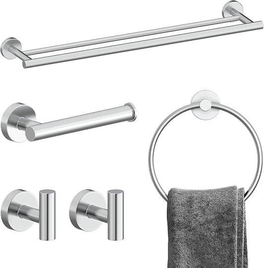 Chrome Bathroom Accessories Set, SUS304 Stainless Steel 5 Pieces Bathroom Hardware Set, 24 Inch Double Bath Towel Bar Set, 2 Towel Hooks, Toilet Paper Holder, Towel Racks for Bathroom Wall Mounted