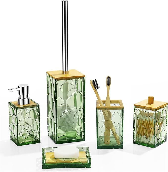 Sage Green Bathroom Accessories Set, Toothbrush Holder, Soap Dispenser, Cotton Swabs Holder, Soap Dish, Toilet Brush with Holder, Boho Bamboo Bathroom Decor,Acrylic (Green)