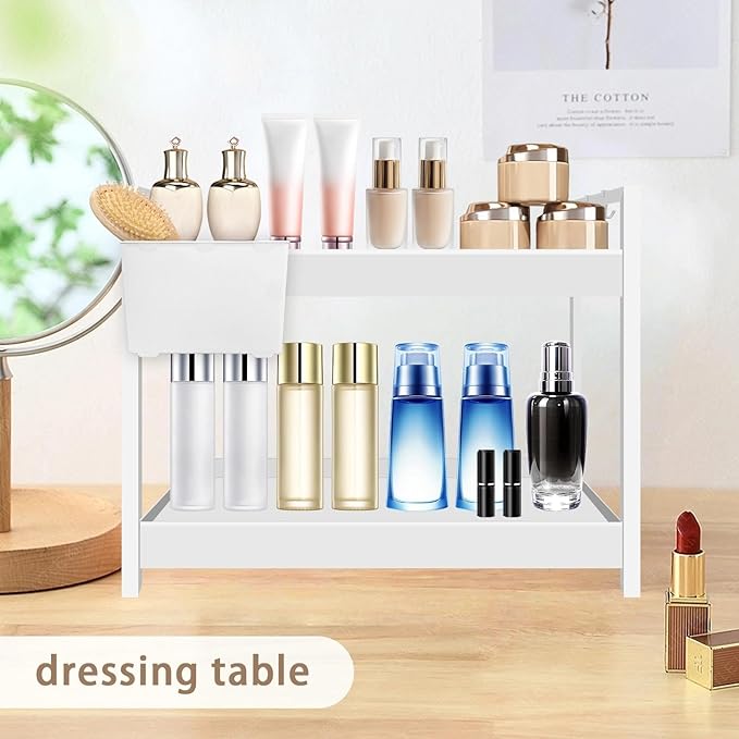 Bathroom Organizer Countertop with Basket & Hooks, 2 Tier Shelf Bathroom Organizers and Storage for Perfume, Cologne, White Countertop Organizer for Vanity, Kitchen, Office or Under Sinks