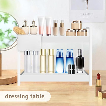 Bathroom Organizer Countertop with Basket & Hooks, 2 Tier Shelf Bathroom Organizers and Storage for Perfume, Cologne, White Countertop Organizer for Vanity, Kitchen, Office or Under Sinks