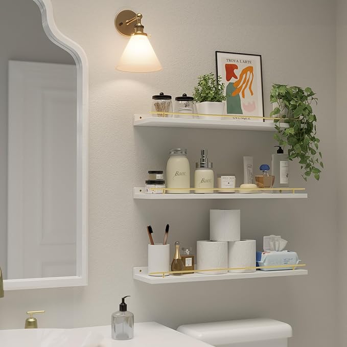 WOPITUES Floating Shelves 24 inch with Gold Metal Guardrail, Shelves for Wall Decor Set of 3, Wall Shelves for Bedroom, Bathroom, Kitchen, Living Room, Plants, Picture Frames, Art- White and Gold