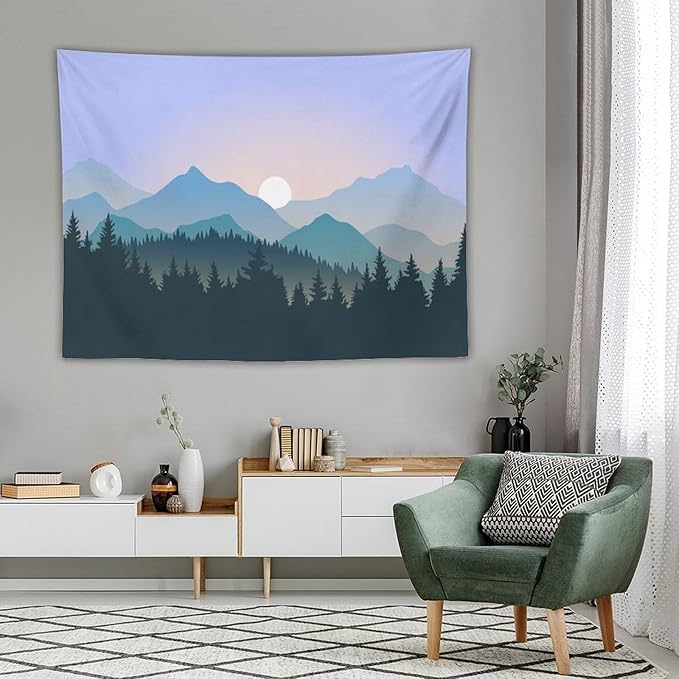 HZOHNAGO Mountain Tapestry Forest Mountain Sunrise Pattern Printed Wall Tapestry Wall Hanging for Bedroom Living Room Dorm 80" W x 60" H