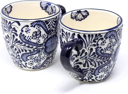 Encantada Handmade Hand-Painted Authentic Mexican Pottery Mugs (Cobalt Blue Flower X2)