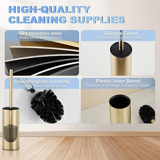 Toilet Brush and Holder Set, NEWRAIN 304 Stainless Steel Toilet Brush with Long Brush Handle, Brushed Gold Toilet Scrubber and Covered Holder, Round Design Sturdy and Space Saving, Covered Brush