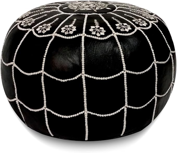 Stuffed Arch Design Moroccan Leather Pouf Ottoman, Handmade, Pre-Filled, 100% Genuine Leather, 14” Height x 22” Diameter – Boho Chic Footstool & Living Room Décor (Black)