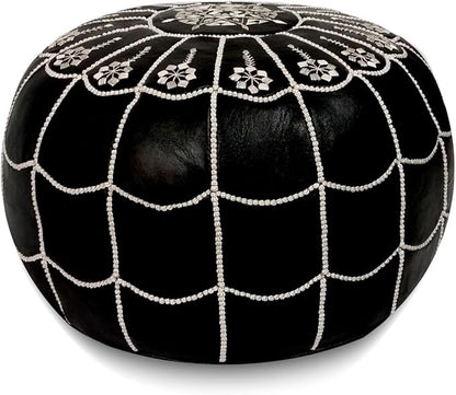 Stuffed Arch Design Moroccan Leather Pouf Ottoman, Handmade, Pre-Filled, 100% Genuine Leather, 14” Height x 22” Diameter – Boho Chic Footstool & Living Room Décor (Black)