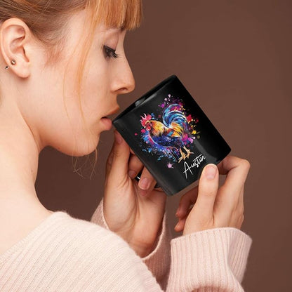 Customized Name Rooster Coffee Mug - Gift for Men Women, Personalized Black Cup, Unique Chicken Ceramic 11oz 15oz, Funny Colorful Themed