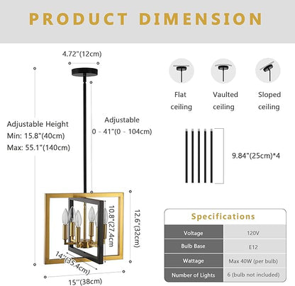 ANKYLHUA Small Black Gold Chandelier,6-Lights Ceiling Light Fixture E12,Adjustable Hight Pendant Lights Kitchen Island,Chandeliers for Dining Room Bedroom,Entryway,Foyer