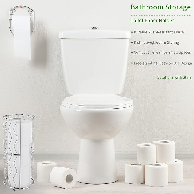 Decorative Metal Standing Toilet Tissue Holder for Bathroom/Powder Room, Compact Tissue Reserve for 3 Jumbo Rolls of Extra Toilet Paper Chrome