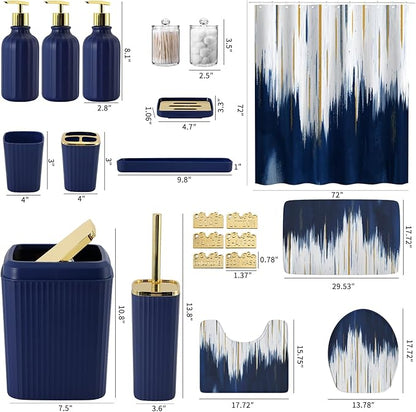 32PC Bathroom Sets with Shower Curtain and Rugs-Navy Blue Bathroom Accessories,Non Slip Bathroom Rugs Set with Toilet Lid Cover, Waterproof Shower Curtain, 3PC Soap Dispenser with Trash Can