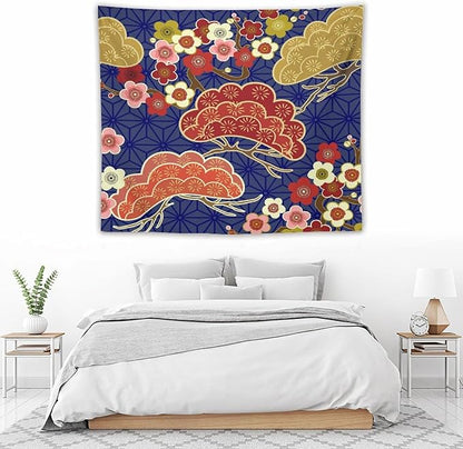 HZOHNAGO Japanese Tapestry Art Abstract Colorful Cherry Blossom Blue Background Pattern Printed Wall Tapestry Painting Wall Hanging for Bedroom Living Room Dorm 60" W x 50" H