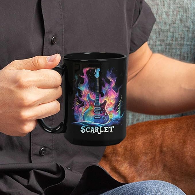 Personalized Electric Guitar Mug 11oz 15oz, Custom Choose Name Coffee Cup, Customized Rock Music Themed Black Mug, Gift For Musicians, Electric Guitar Ceramic Cup With Cosmic Design